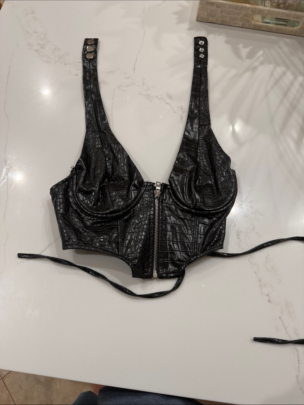 Edikted Black Croc-Embossed Zip Front Bustier Crop Top